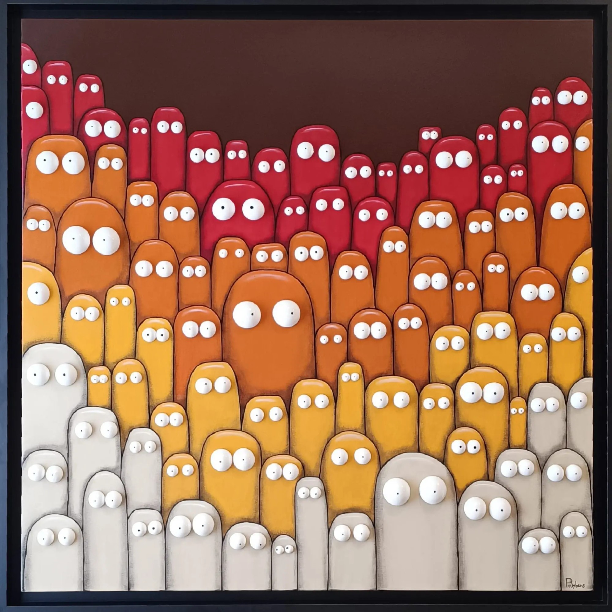 Foule de personnages ronds multicolores aux grands yeux blancs sur fond violet, acrylique en relief