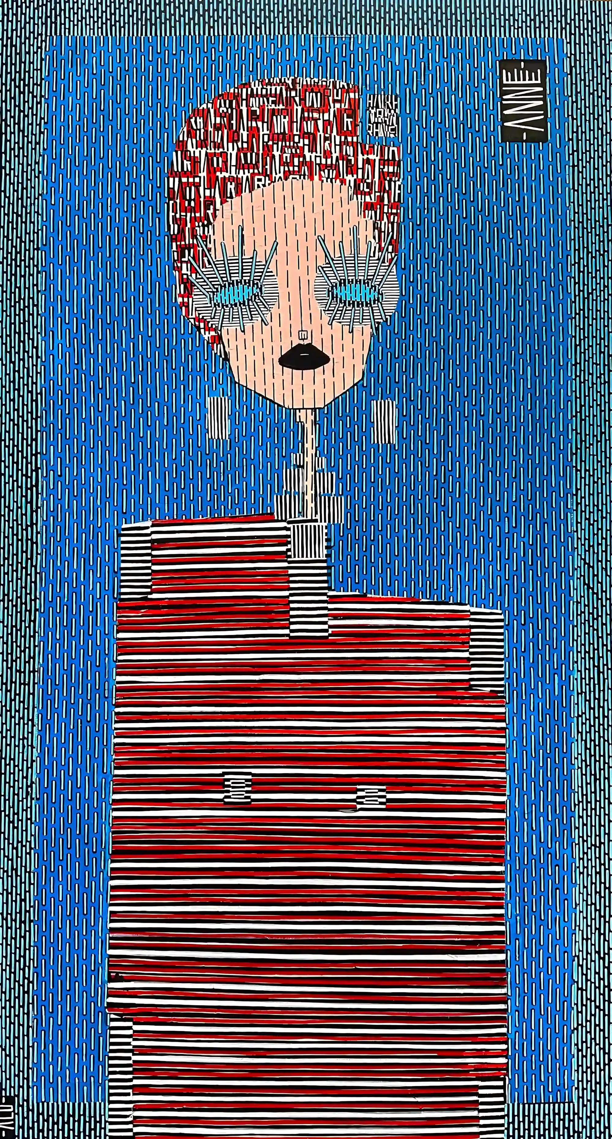 Portrait féminin aux yeux bleus saisissants, vêtement rayé rouge et noir sur fond bleu structuré, style pop graphique.