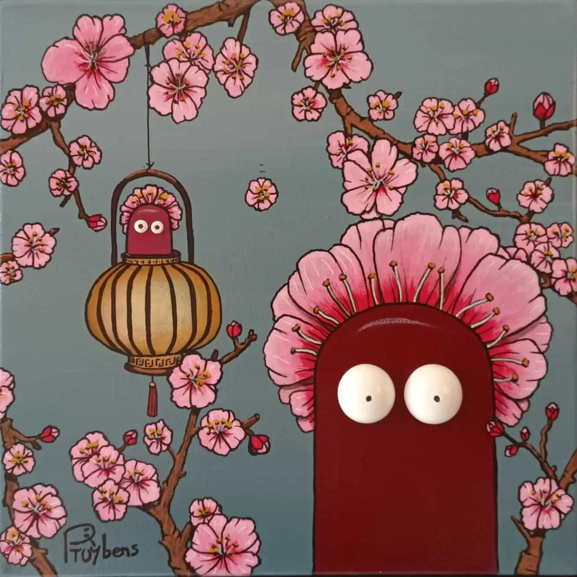 Personnages rouges parmi cerisiers en fleurs roses et lanterne dorée, fond gris-bleu, atmosphère poétique asiatique.
