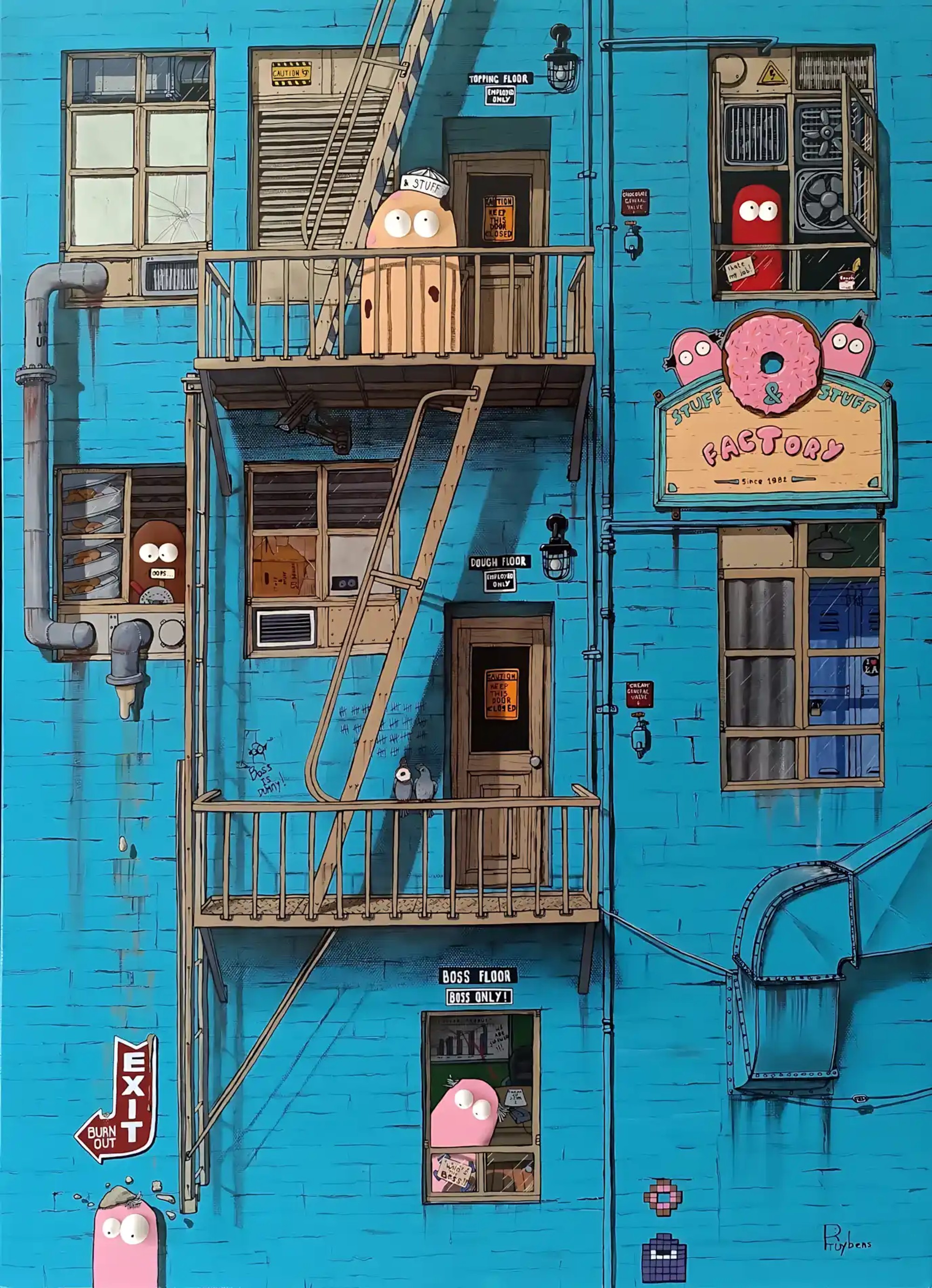 Façade turquoise avec escalier métallique, enseignes rétro et personnages ovoïdes roses et beiges, style cartoon urbain.