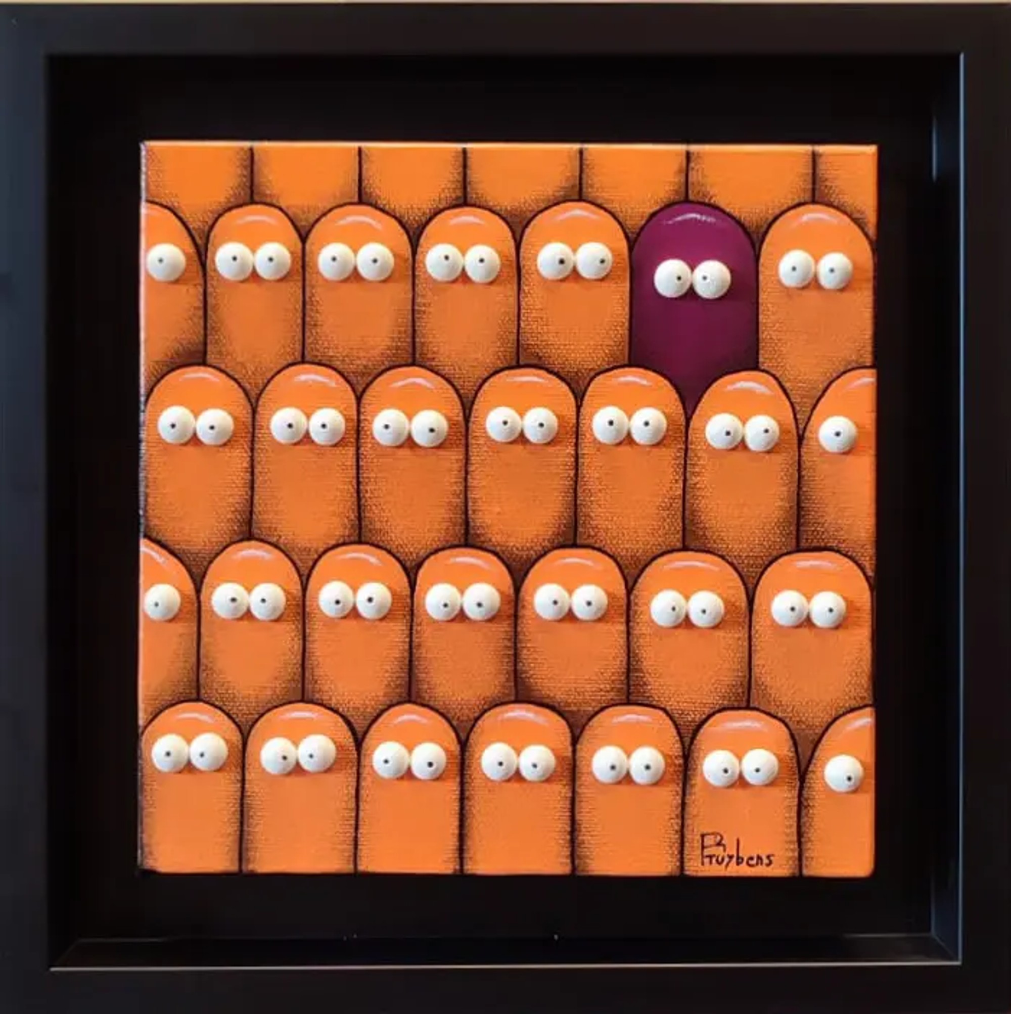 Personnages ovales orange uniformes aux yeux blancs, un intrus violet au centre, acrylique en relief
