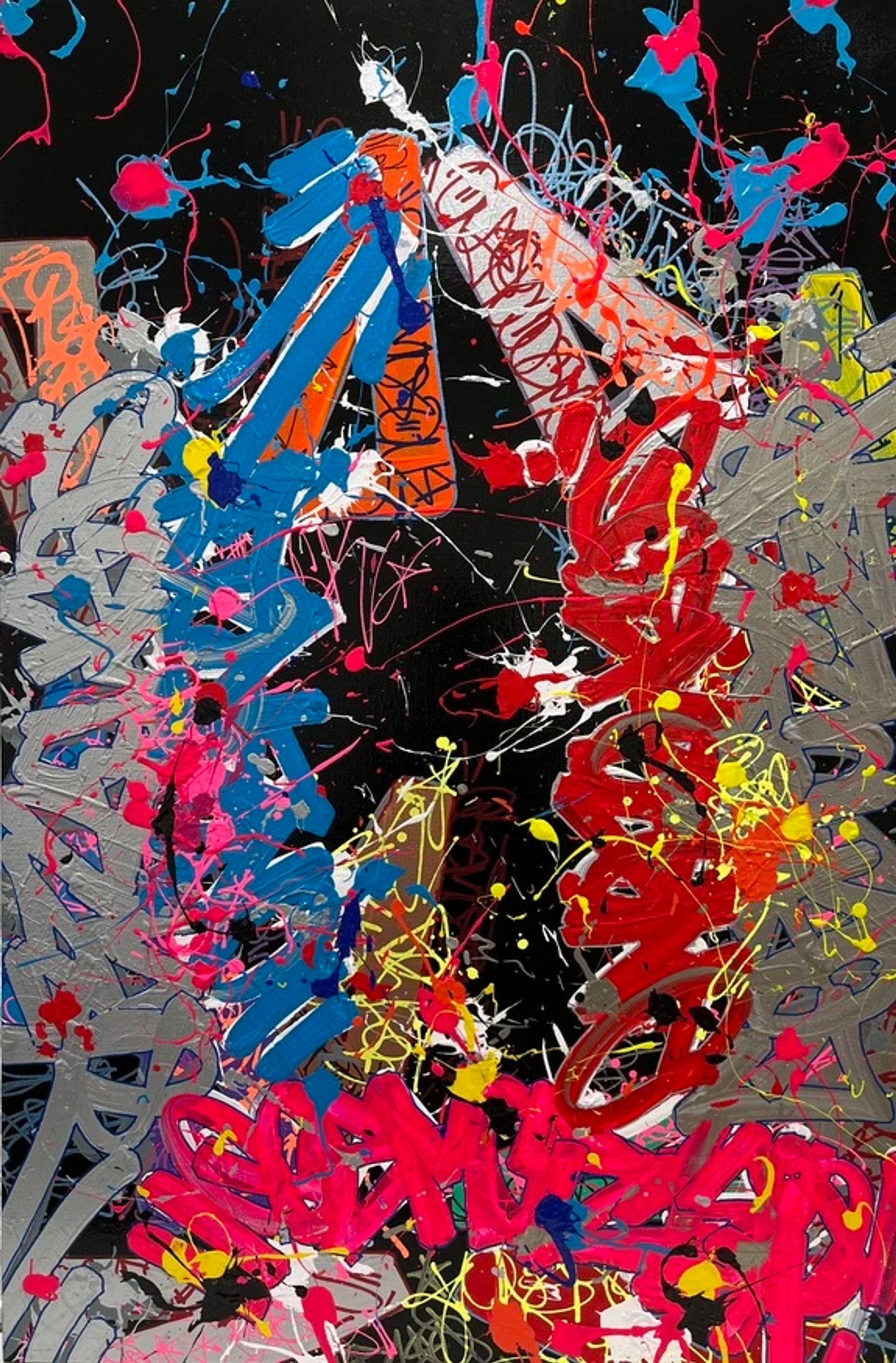 Composition dynamique aux calligraphies bleues, rouges et grises sur fond noir, éclaboussures colorées et traits énergiques entrecroisés - signature visuelle de l'art contemporain de Cosmos.