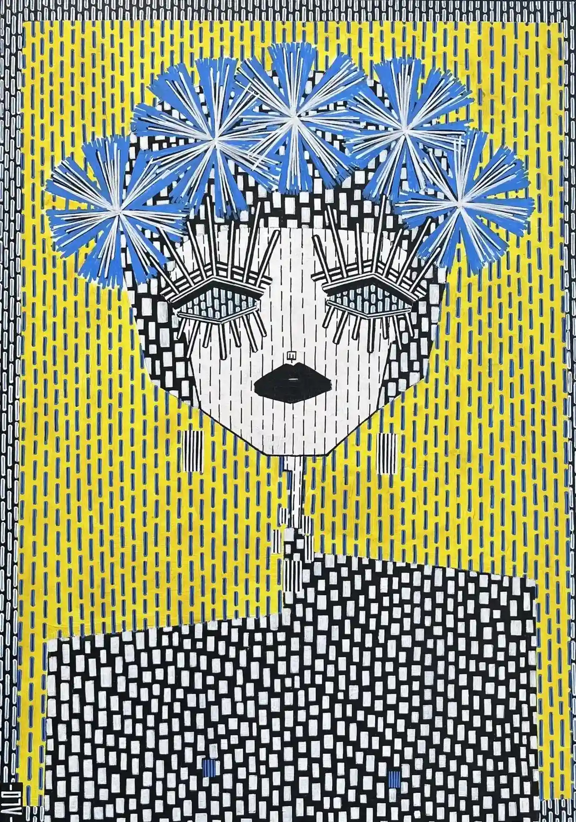 Visage graphique sur fond jaune vif, motifs bleus étoilés au-dessus, vêtement à damier noir et blanc, style pop art.