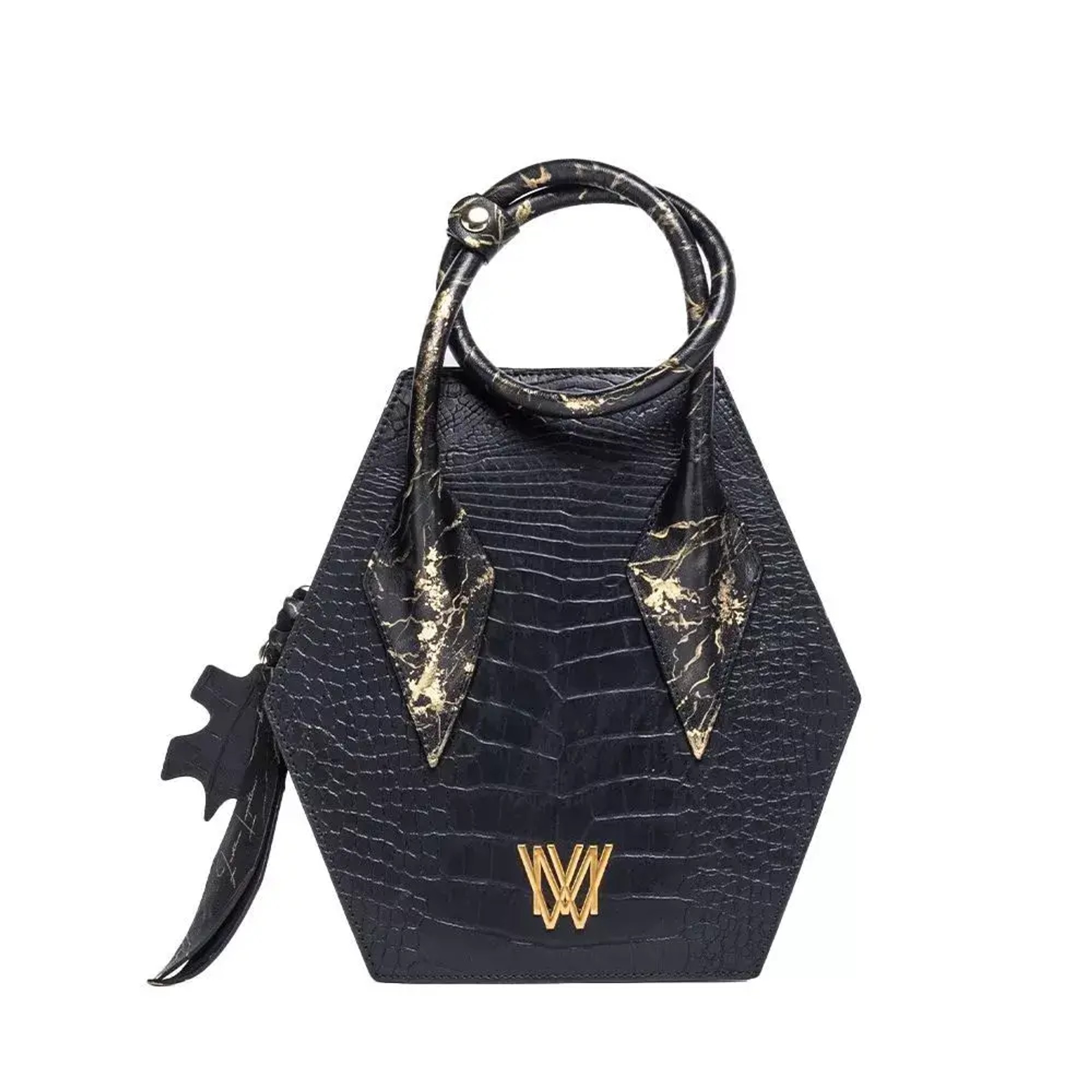 Sac hexagonal noir effet croco, anse torsadée aux marbrures dorées Kintsugi, logo W doré, création unique moderne.