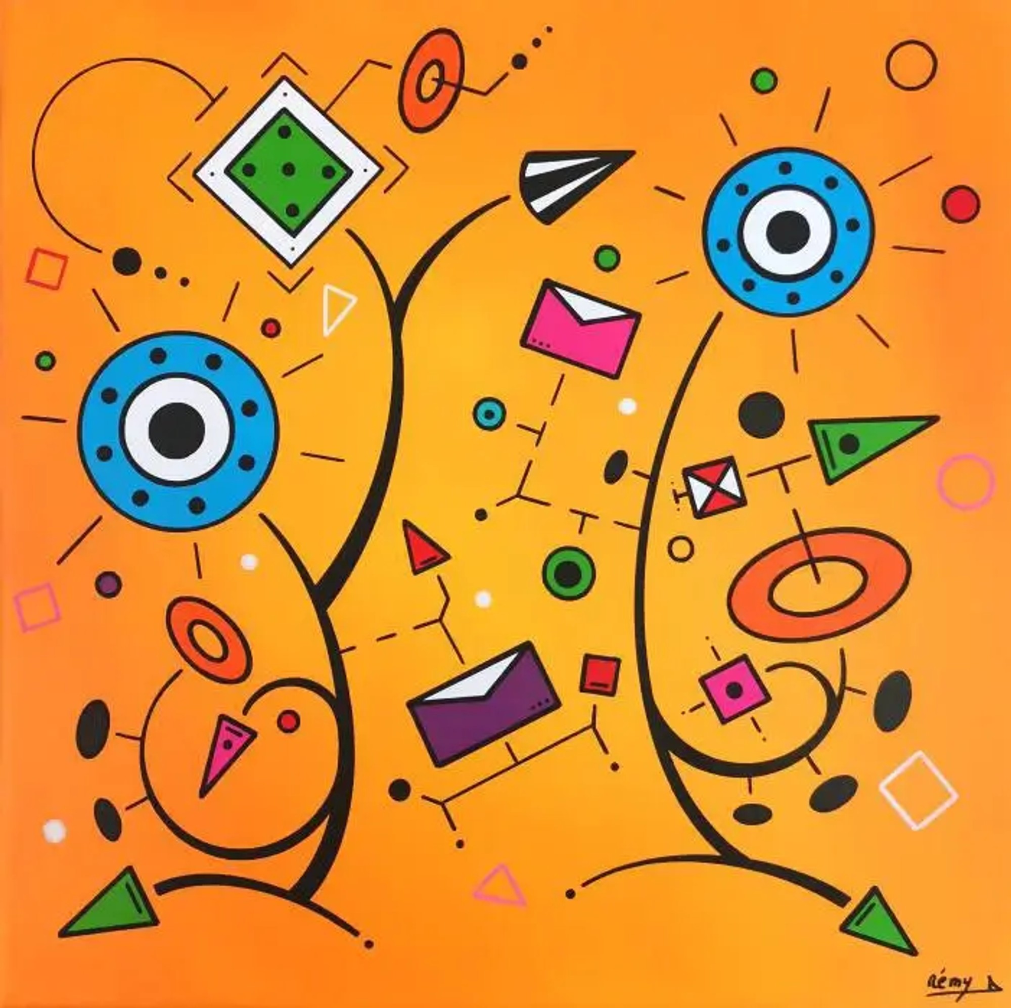 Composition géométrique d'un visage abstrait sur fond orange avec deux cercles bleus évoquant des yeux et une enveloppe violette suggérant une bouche.