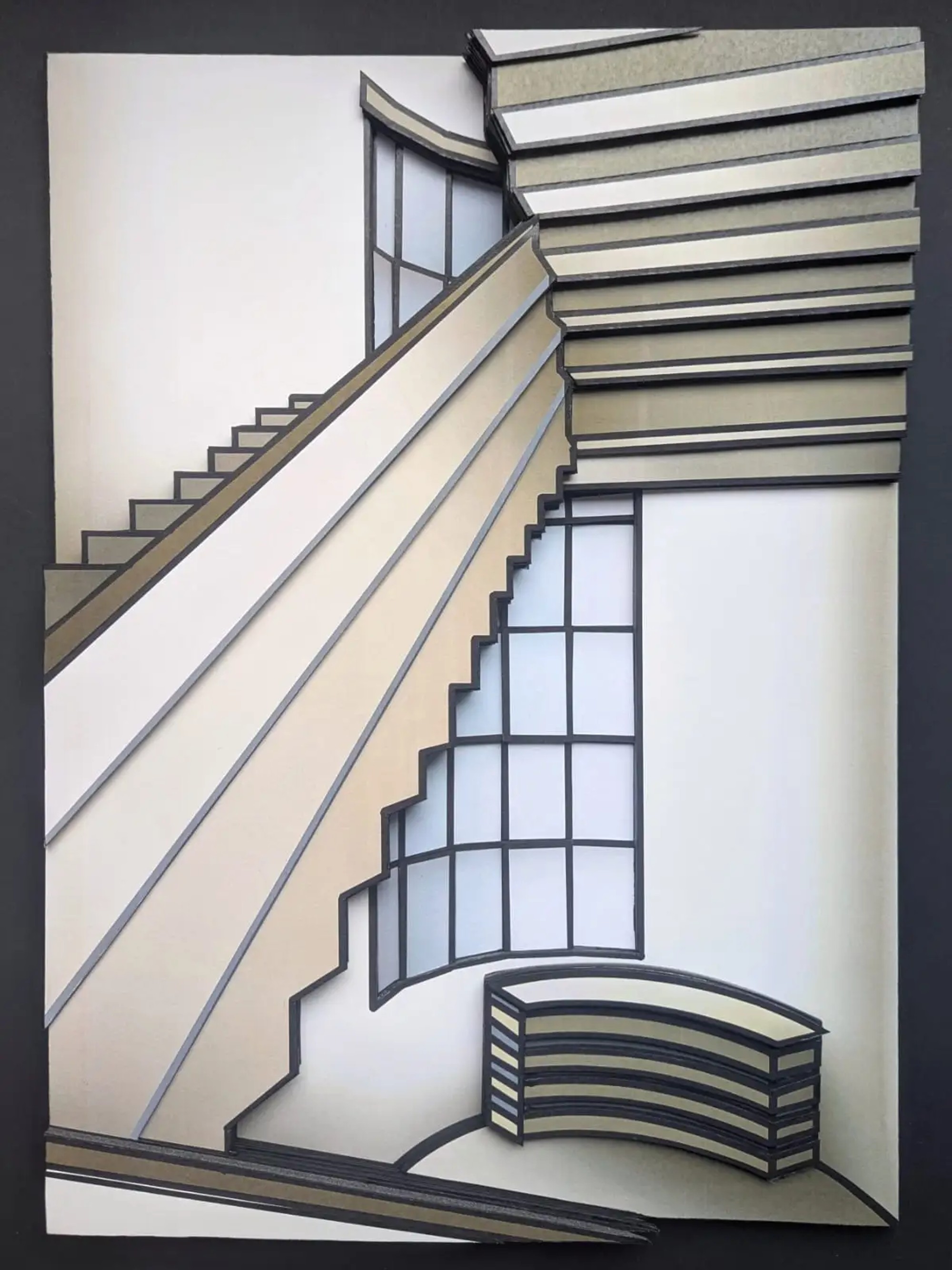 Bas-relief d'escalier élégant, tons beige crème, fenêtre vitrée en grille, architecture Art déco
