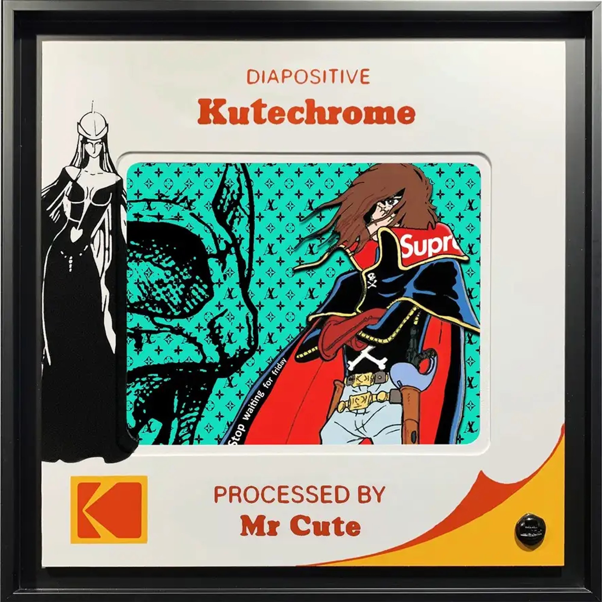 Diapositive pop art, Albator cape noire sur fond LV turquoise, badge Supreme rouge, silhouette féminine graphique
