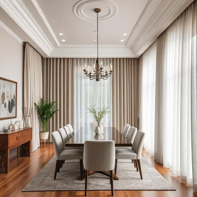 Ceiling-to-floor dining room curtains