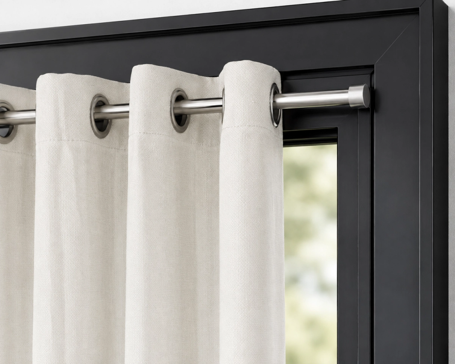 magnetic curtain rod attached to a black metal window frame