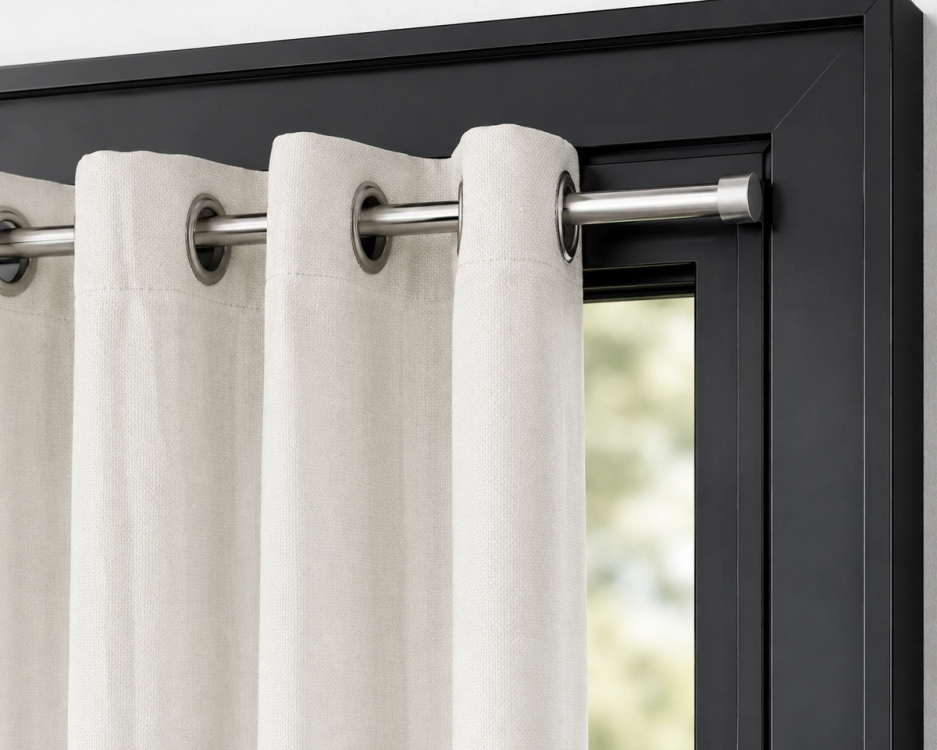 magnetic curtain rod attached to a black metal window frame