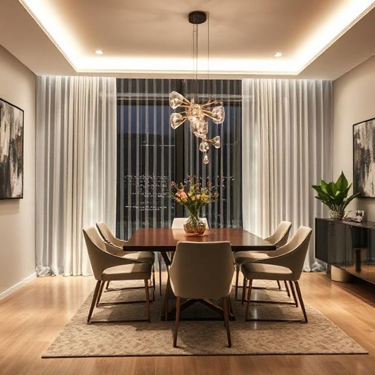 Dining room with curtains with led lighting