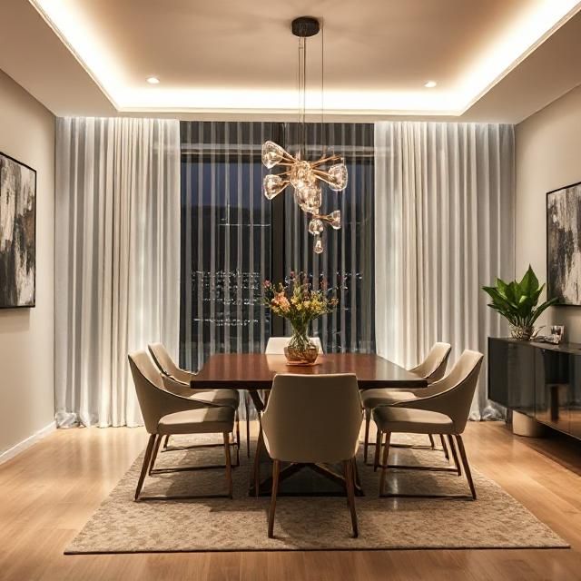 Dining room with curtains with led lighting