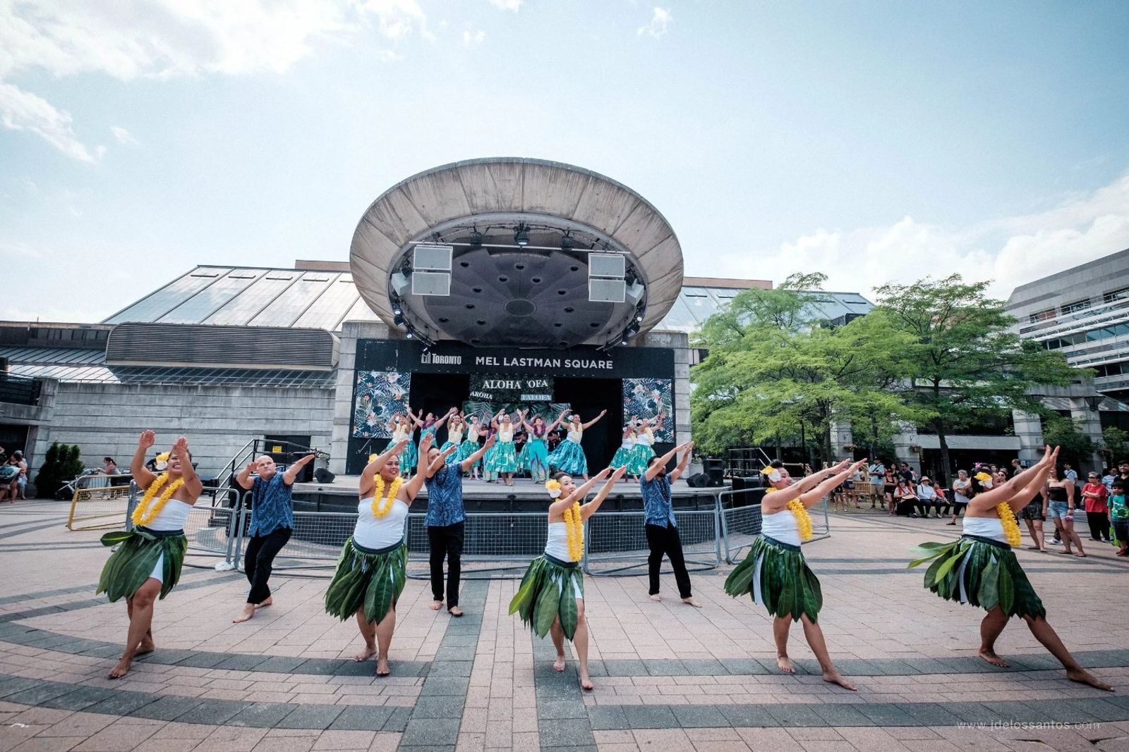 Hālau kahiko dancers reaching their arms toward the sky