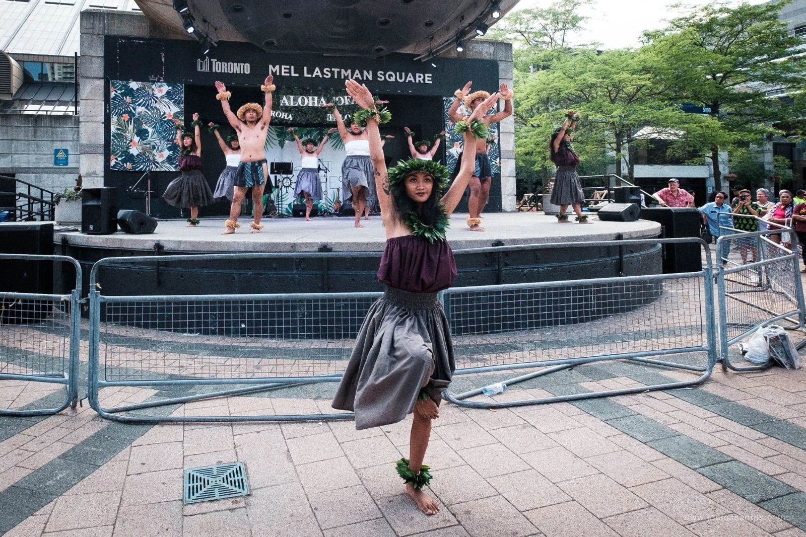 A hālau dancer in the foreground with the full group performing on the Mel Lastman stage behind her