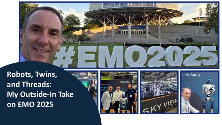 Kevin O’Donovan at EMO 2025 alongside photos of the exhibition floor, Siemens’ HuBSi humanoid robot and event displays.