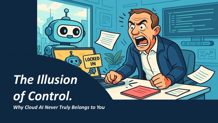 Illustration of Kevin arguing with an AI assistant over a locked-in workflow, titled The Illusion of Control