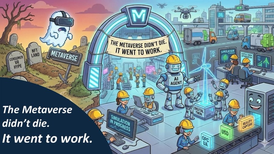 Illustration contrasting the consumer metaverse’s decline with an industrial metaverse where AI agents, robots, digital twins and simulation support real-world work.