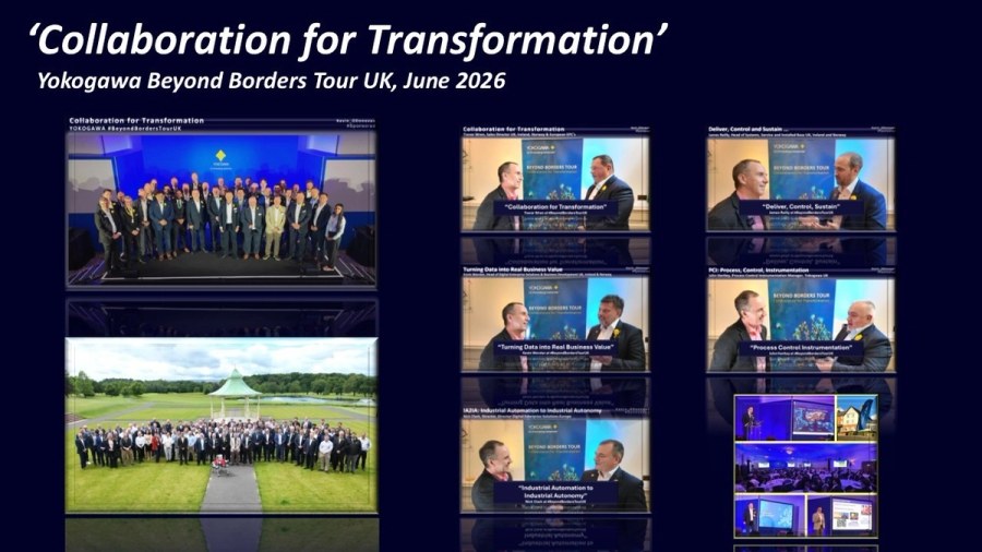 Collage from Yokogawa Beyond Borders Tour UK in June 2026, showing event group photographs, on-site interviews and presentations around the theme “Collaboration for Transformation.”