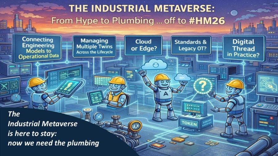 Illustration of an industrial control room showing engineers connecting models to operational data, managing digital twins, choosing cloud or edge systems, handling standards and legacy OT, and building a practical digital thread.