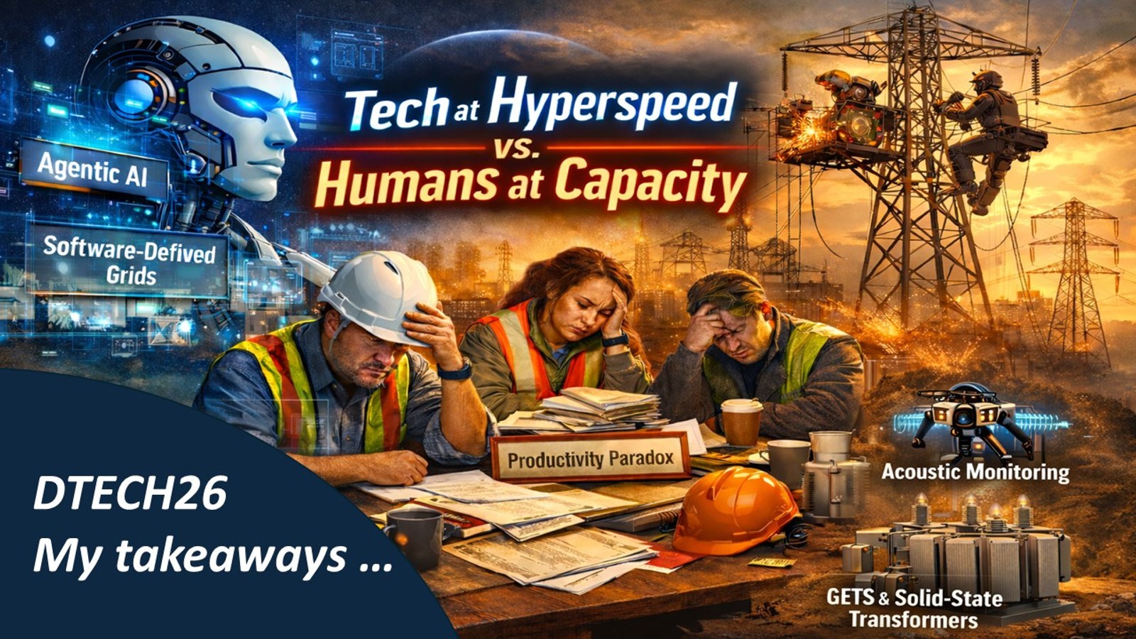 Illustrated DTECH 2026 montage showing agentic AI, power grid workers, transmission infrastructure, acoustic monitoring and solid-state transformers.