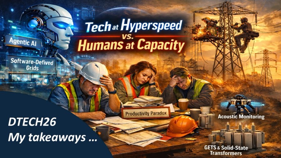 Illustrated DTECH 2026 montage showing agentic AI, power grid workers, transmission infrastructure, acoustic monitoring and solid-state transformers.