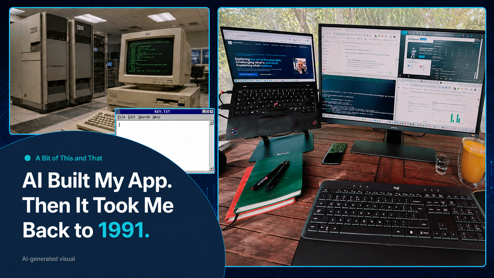 Split image contrasting an early 1990s IBM computer system and empty KEV.TXT file with Kevin O’Donovan’s modern AI-assisted development setup in his outdoor office.