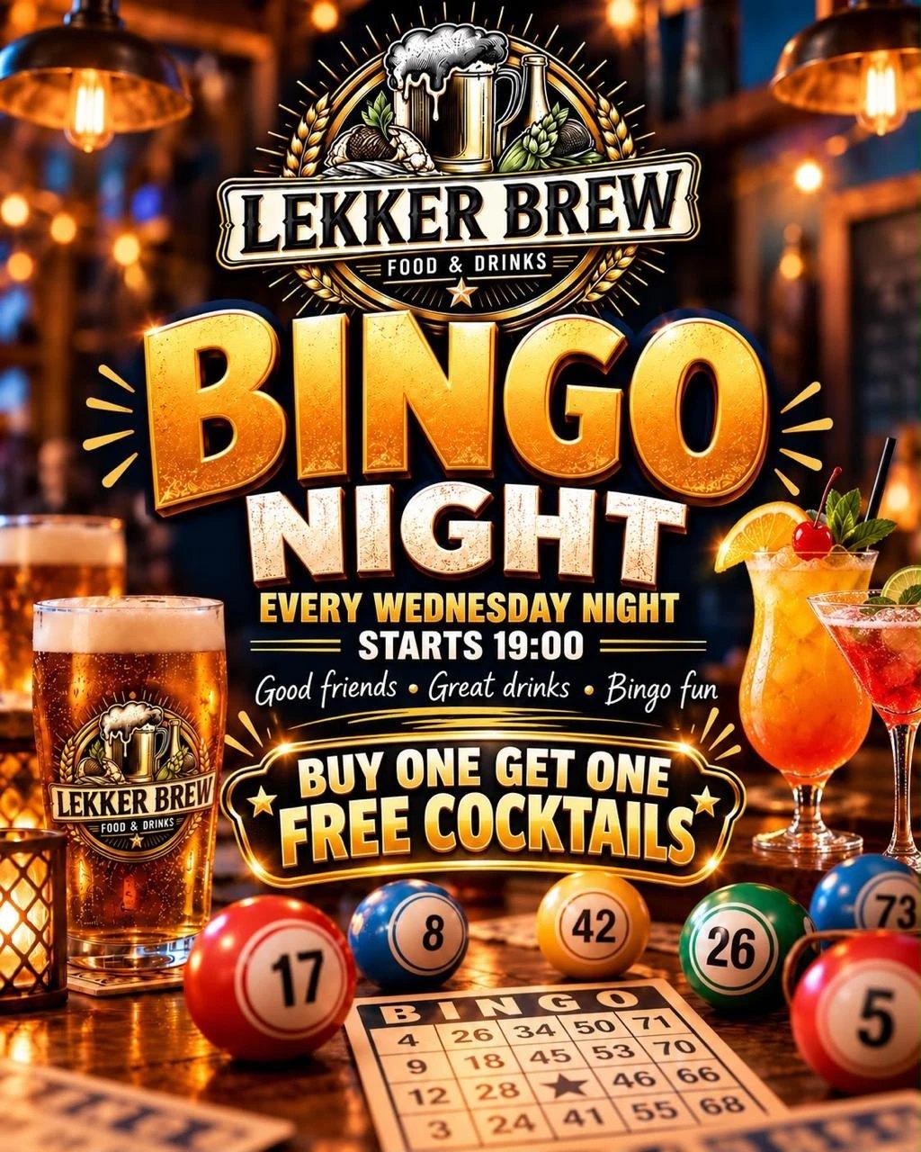 Lekker Brew bingo night flyer: every Wednesday from 19:00, buy one cocktail get one free