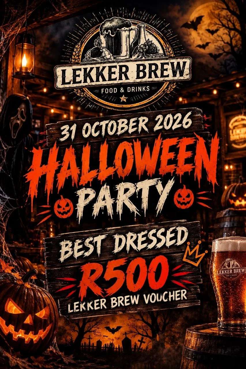 Lekker Brew Halloween party flyer: 31 October 2026, best dressed wins a R500 Lekker Brew voucher