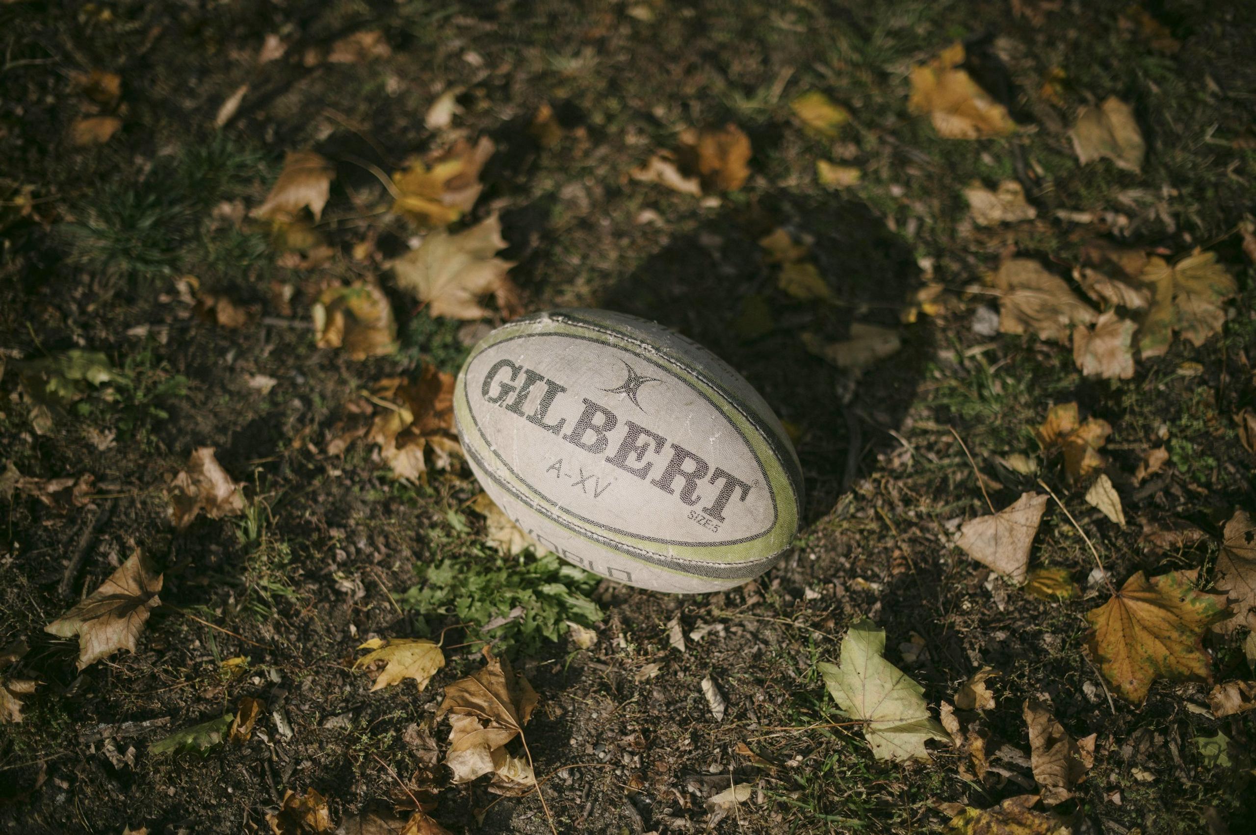 A rugby ball on the ground among fallen leaves