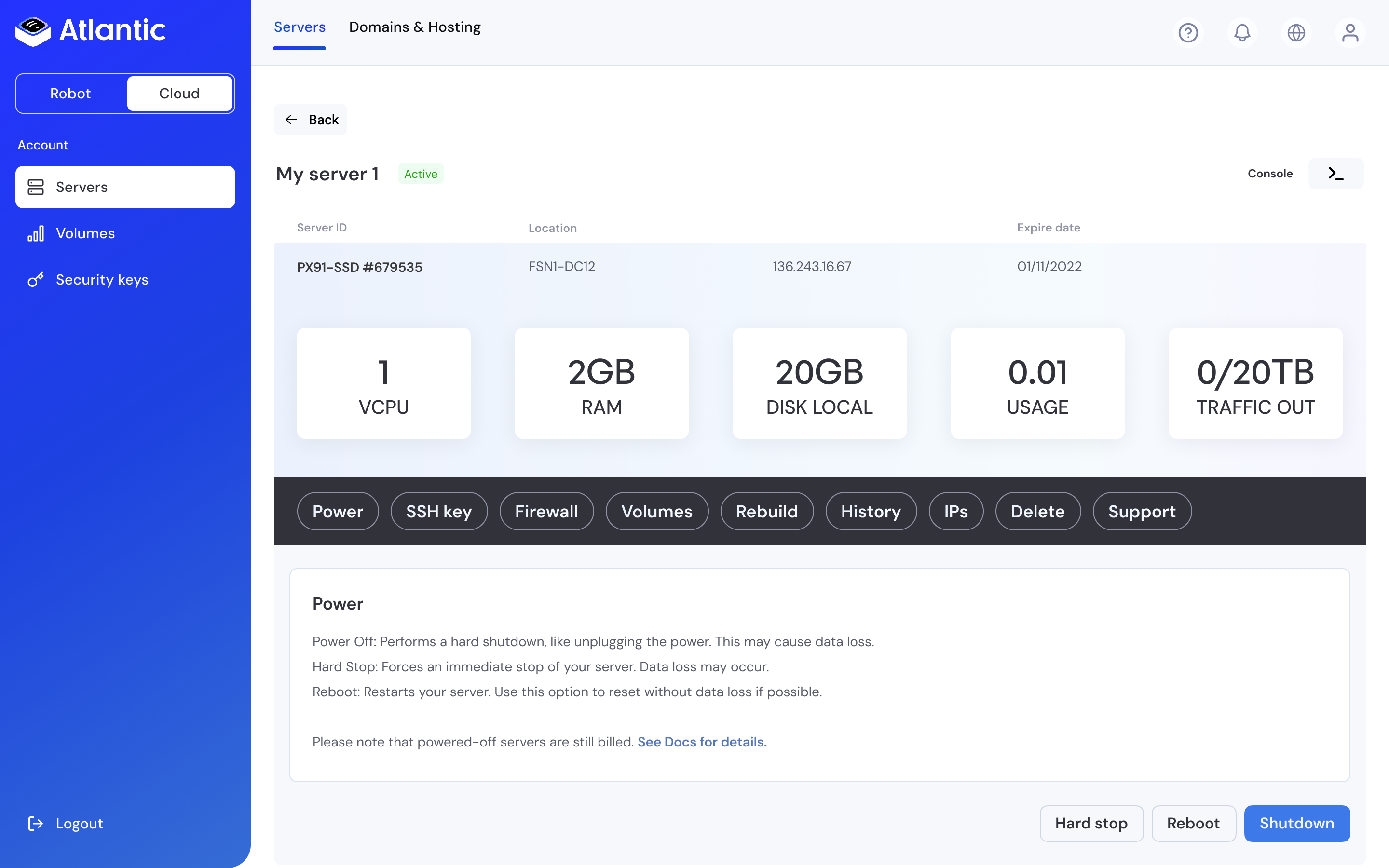 Screen showing server pricing plans