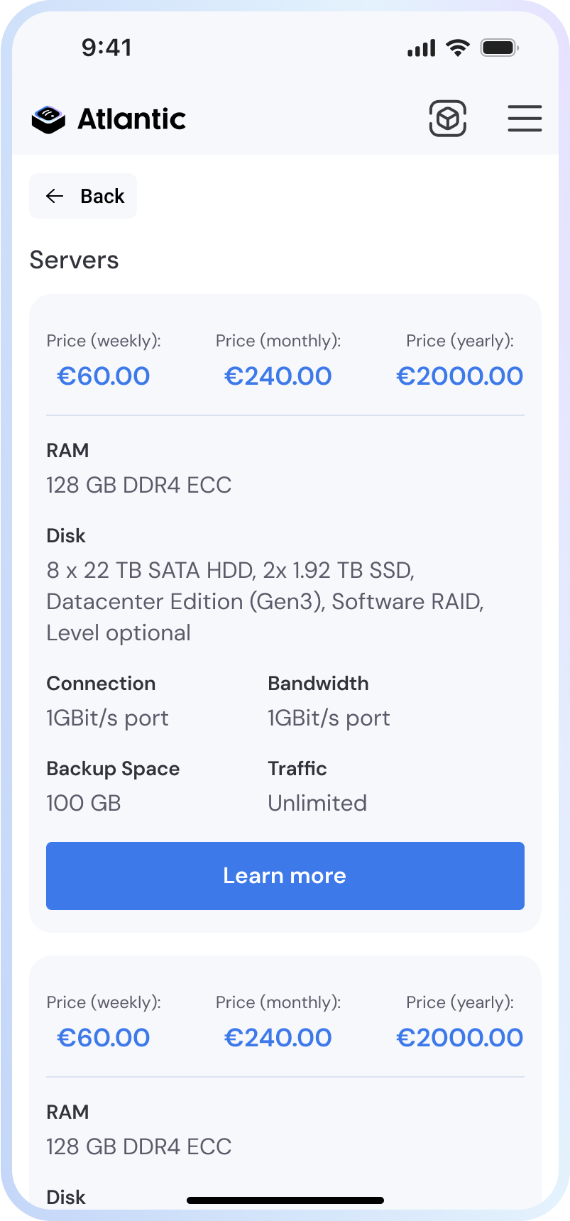 Screen showing server pricing plans