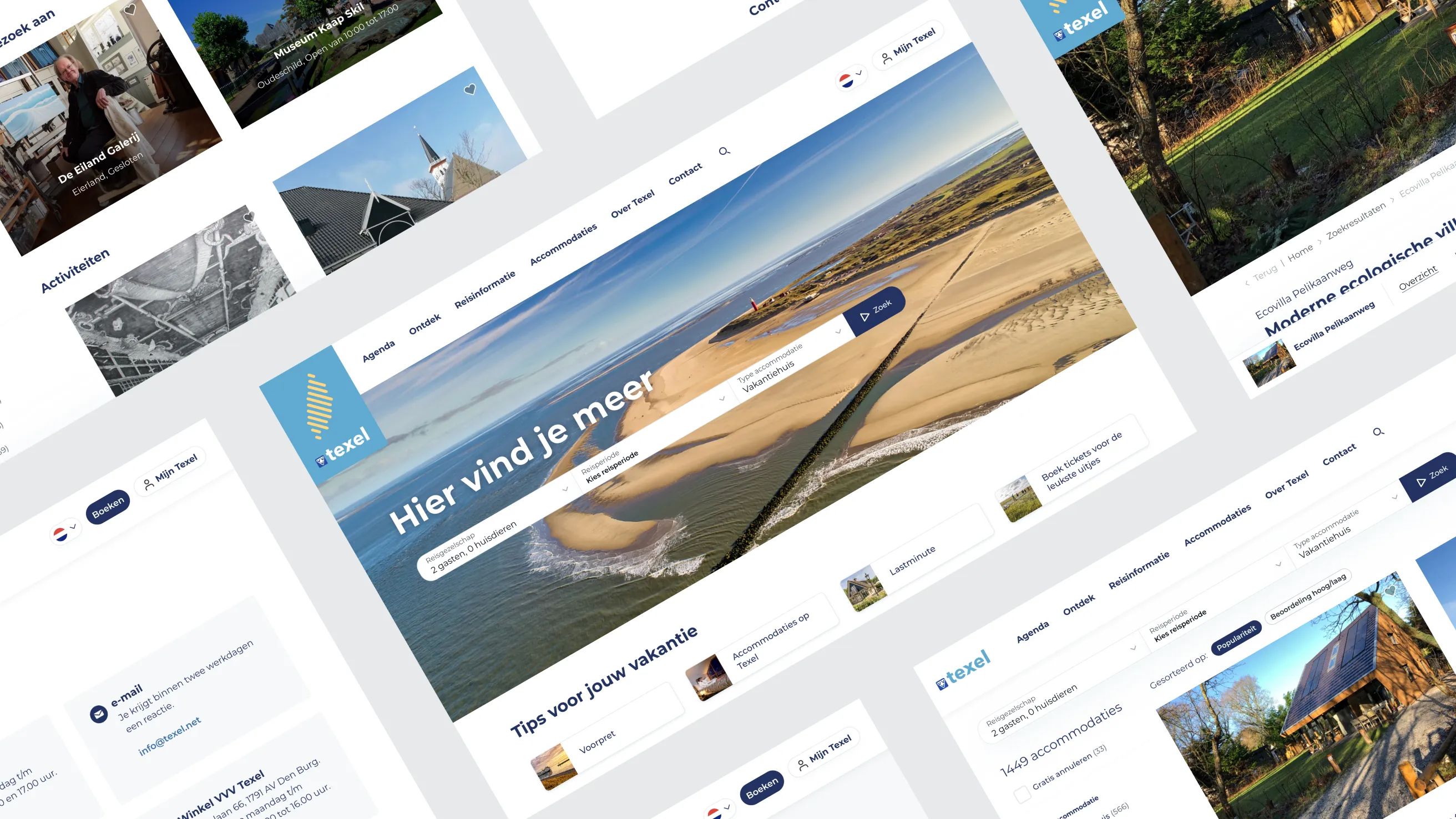 Een collage van schermen van de VVV Texel website.
