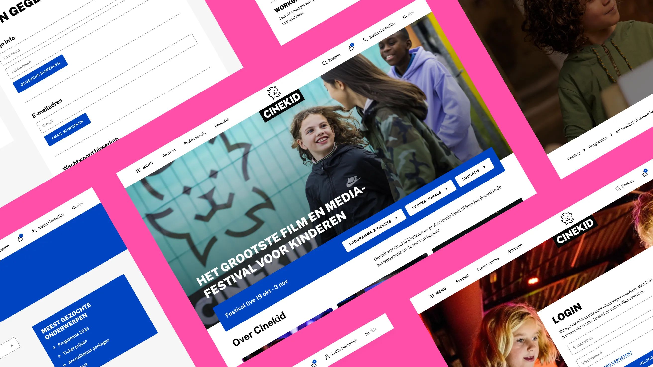 Een collage van schermen van de Cinekid-website.