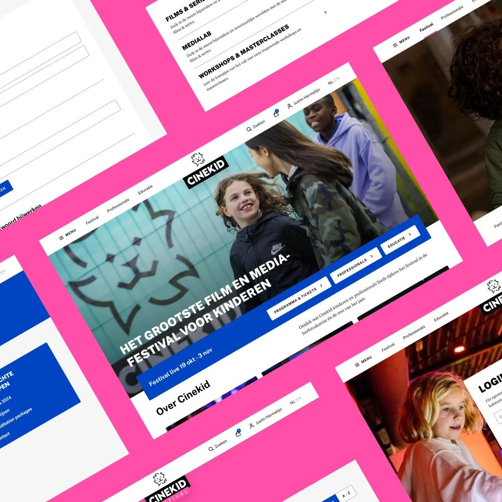 Een collage van schermen van de Cinekid-website.