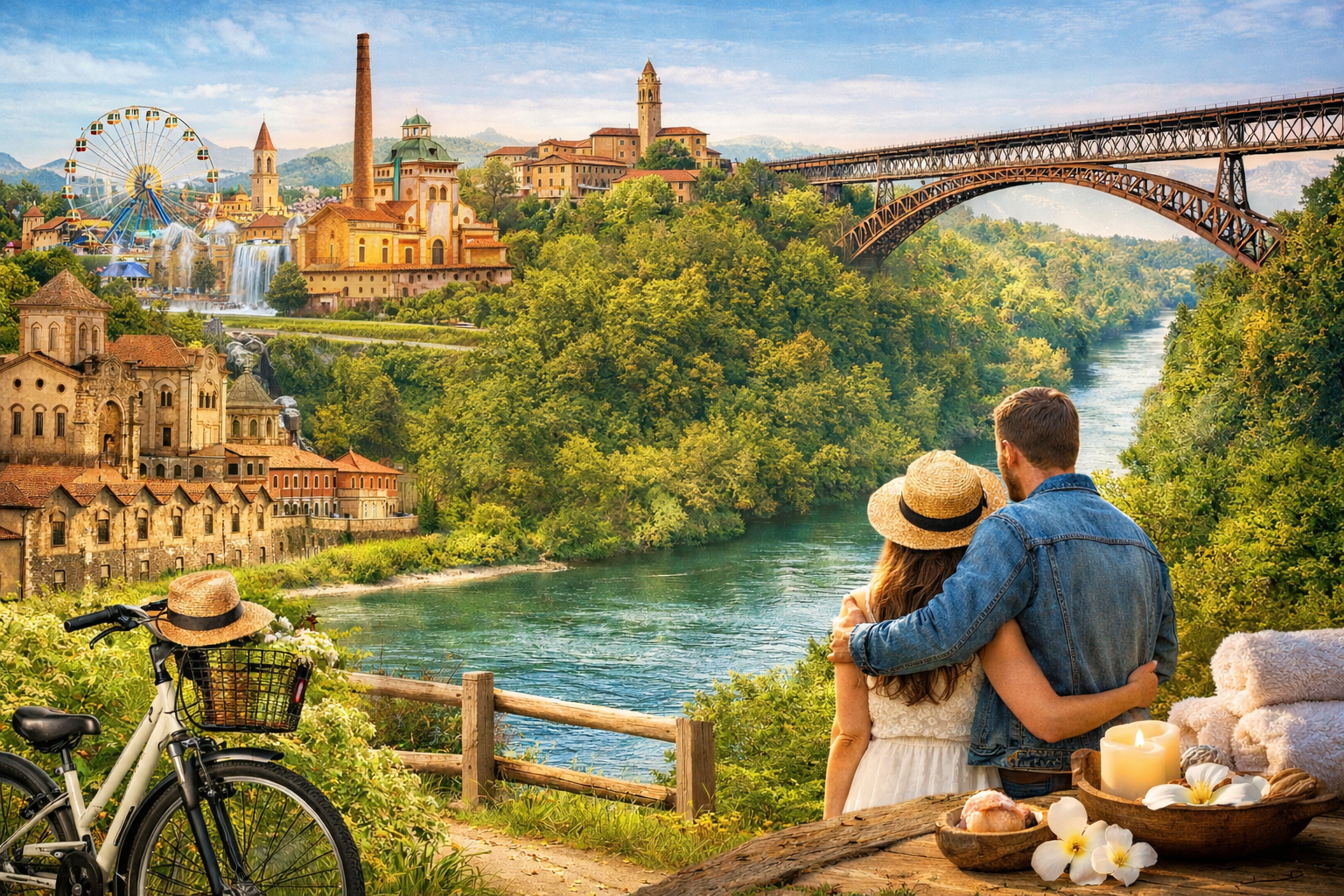 Coppia che ammira il panorama del fiume Adda e del ponte di Paderno, tra natura e borghi storici vicino all’Opificio B&B Apartments, ideale per famiglie e coppie.