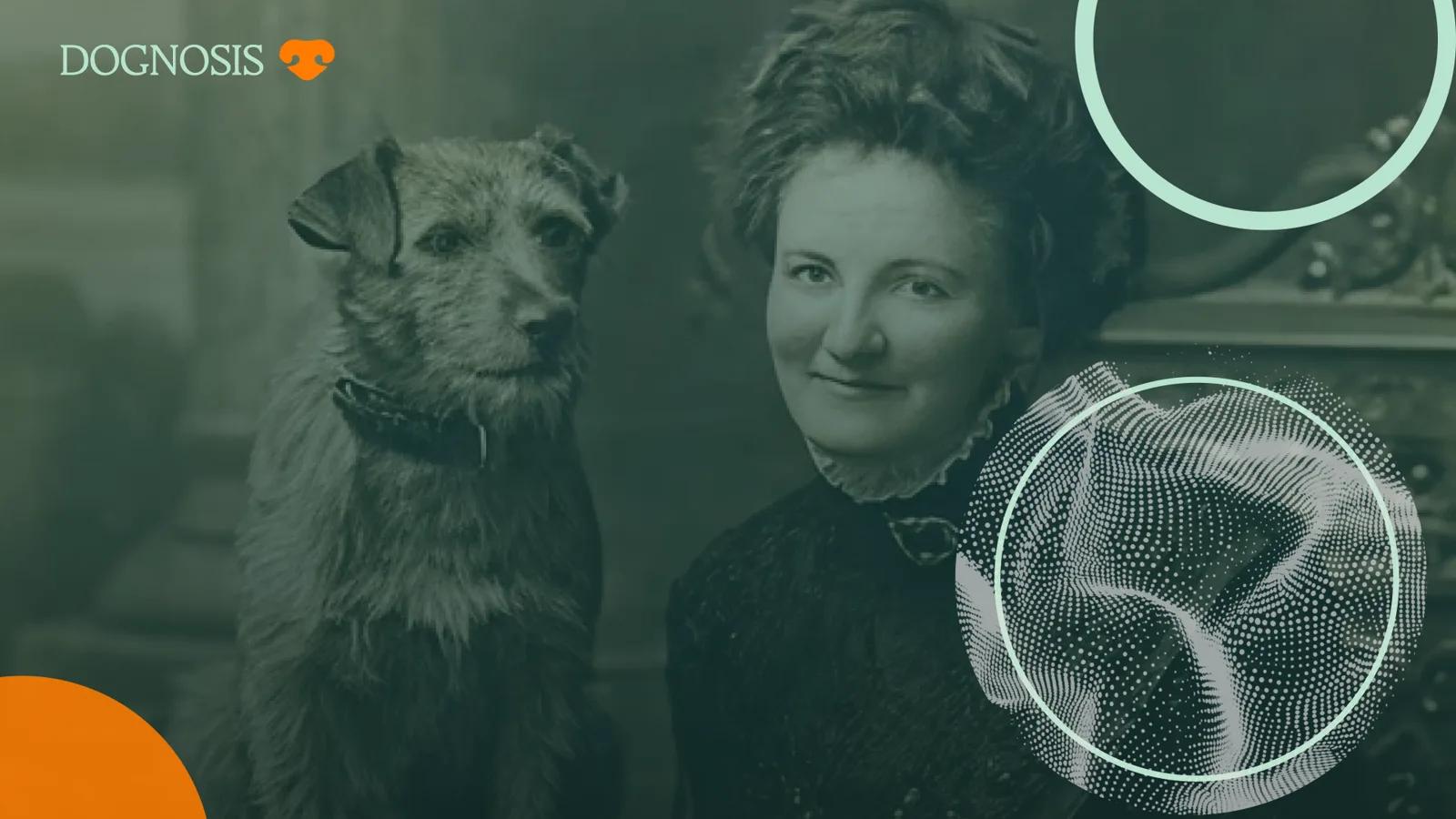 Vintage portrait of a woman seated beside a small terrier-type dog