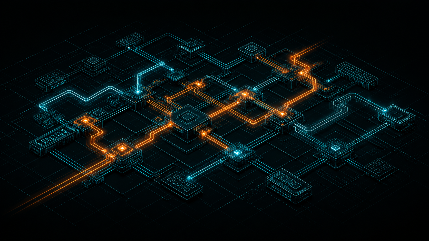 A fixed circuit board with multiple glowing routing paths across its traces