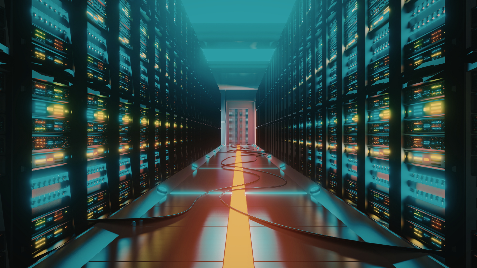 Stylized graphic of a high-performance 800G AI data center server aisle.