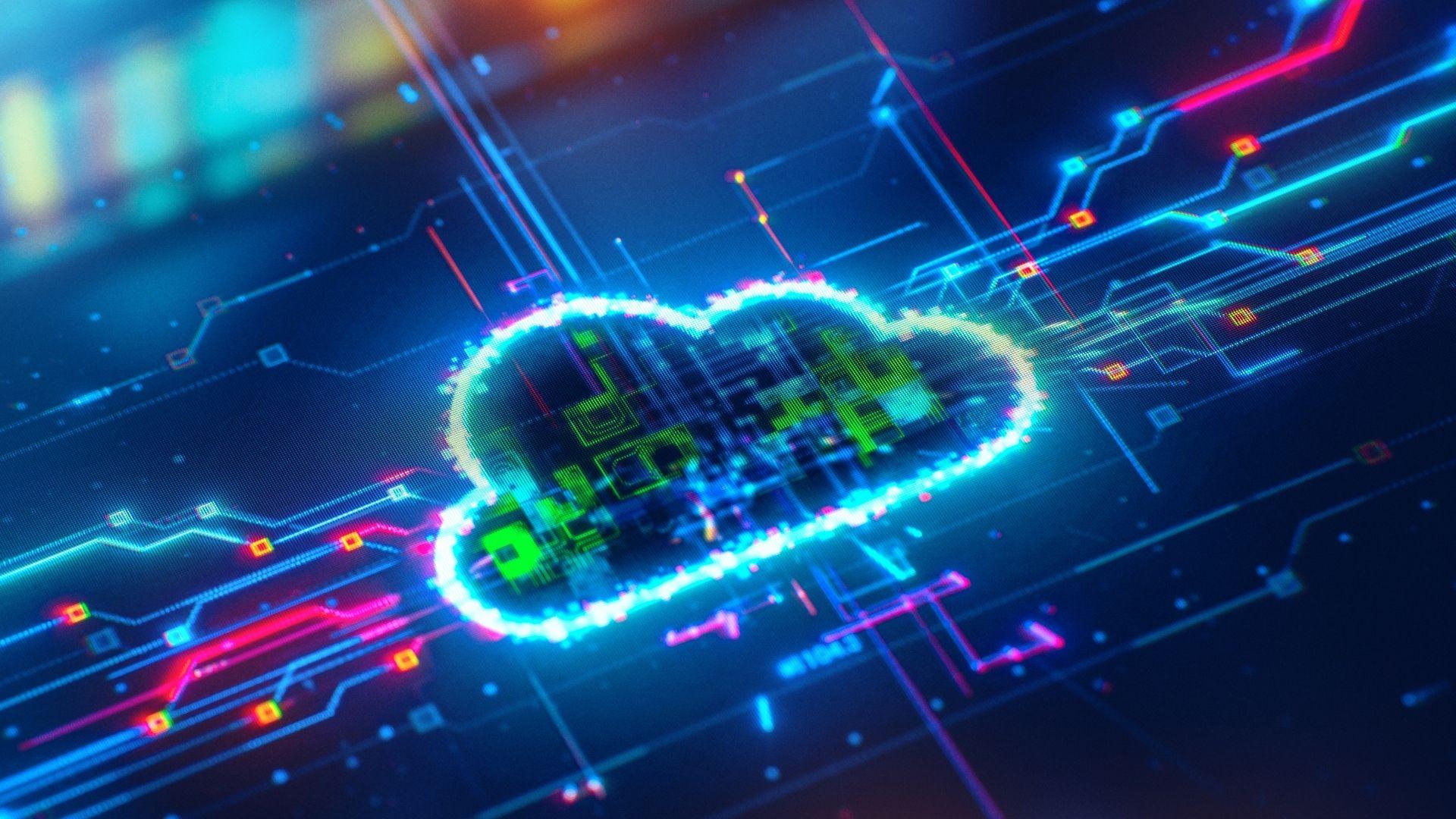 Abstract futuristic visualization of cloud technology featuring a pixelated, glowing cloud outline linked to vibrant blue, pink, and orange circuit board traces.