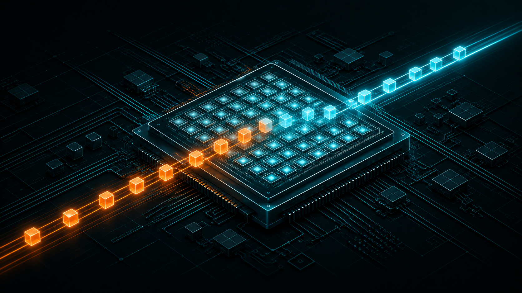 A processor with a grid of programmable cores transforms a stream of orange packets into cyan packets as they pass through.