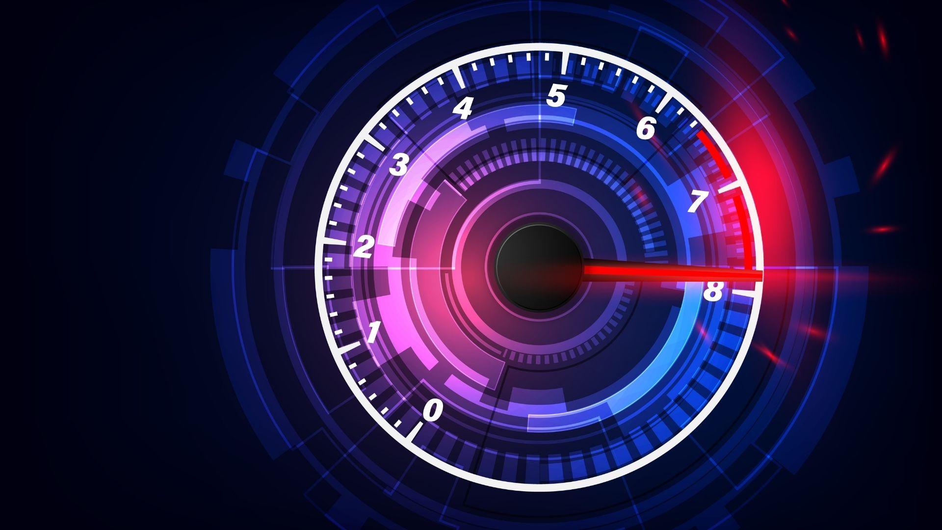An abstract, futuristic digital speedometer glowing with blue, purple, and red light against a dark background. The red indicator needle is pinned at the maximum level of 8, conveying high speed, peak performance, or maximum optimization.