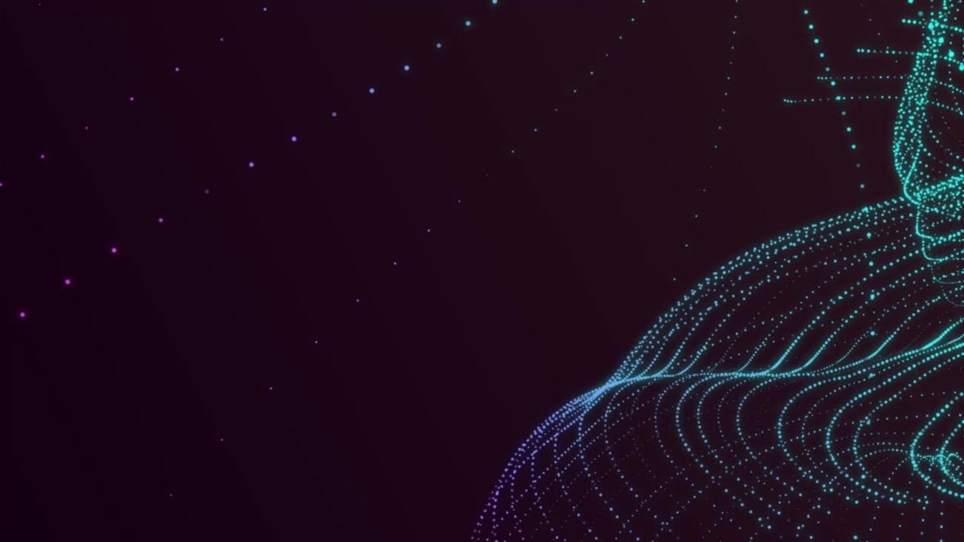 An abstract digital landscape featuring a dark, deep purple background. In the lower right foreground, a luminous topographical wave is formed by thousands of tiny, glowing cyan and violet particles.