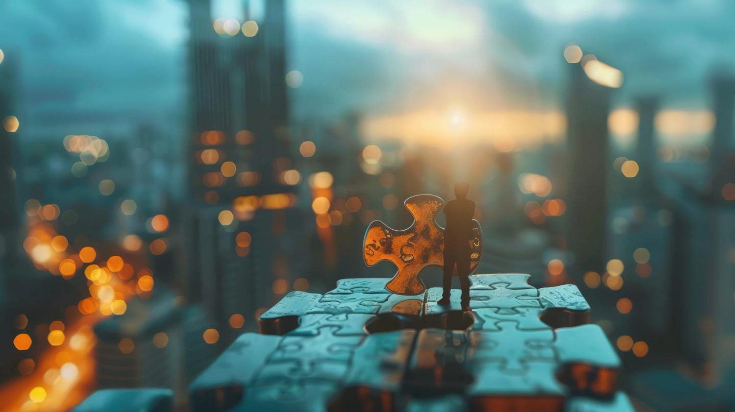 City skyline with puzzle pieces