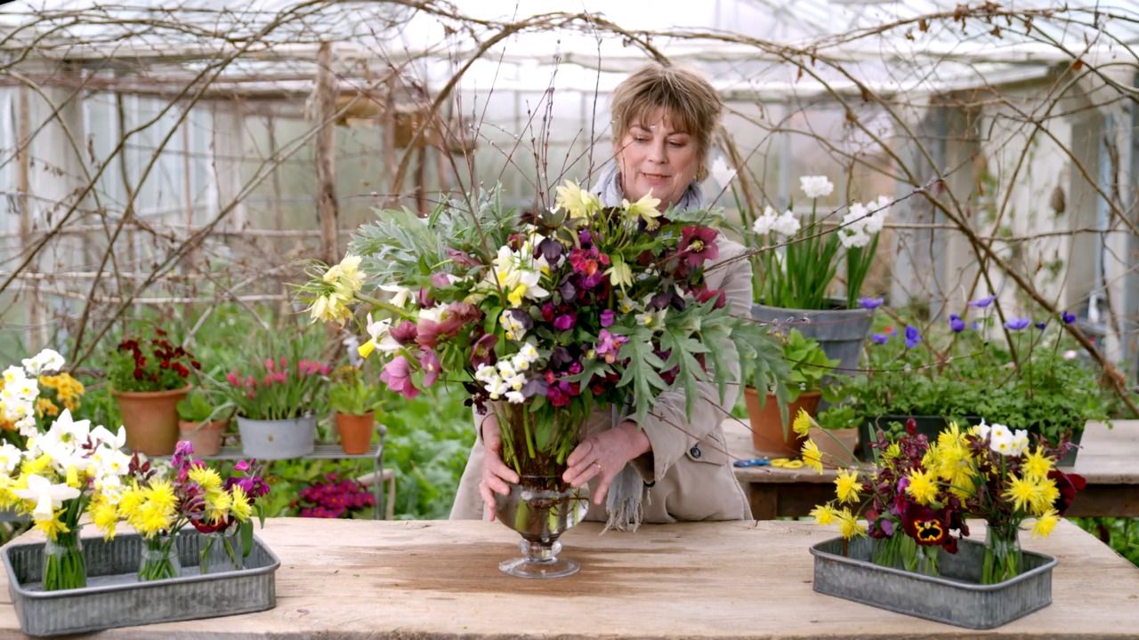 An early spring arrangement with narcissi, wallflowers and hellebores