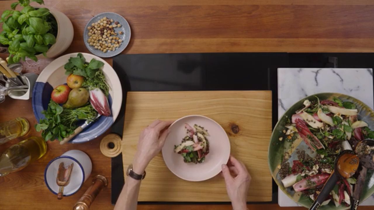 Sweet roast red onion with lentils, watercress and blue cheese