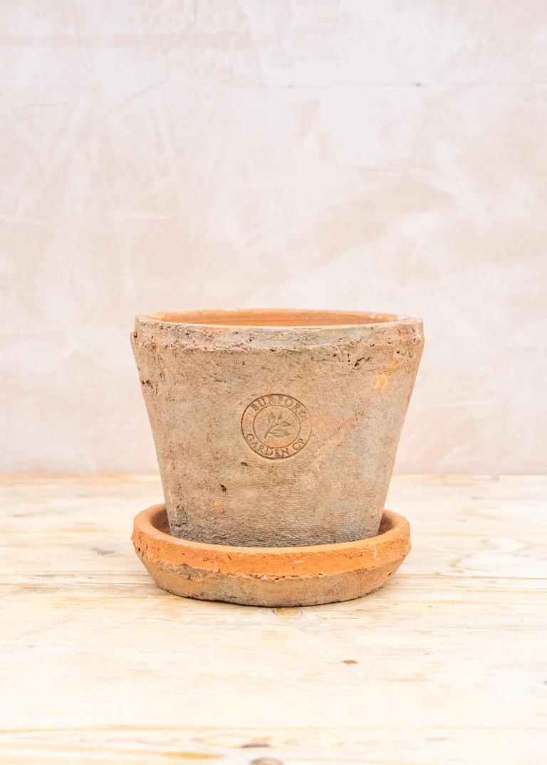 A small teracotta pot and saucer. The pot is made to look aged and has a stamped logo at the centre.