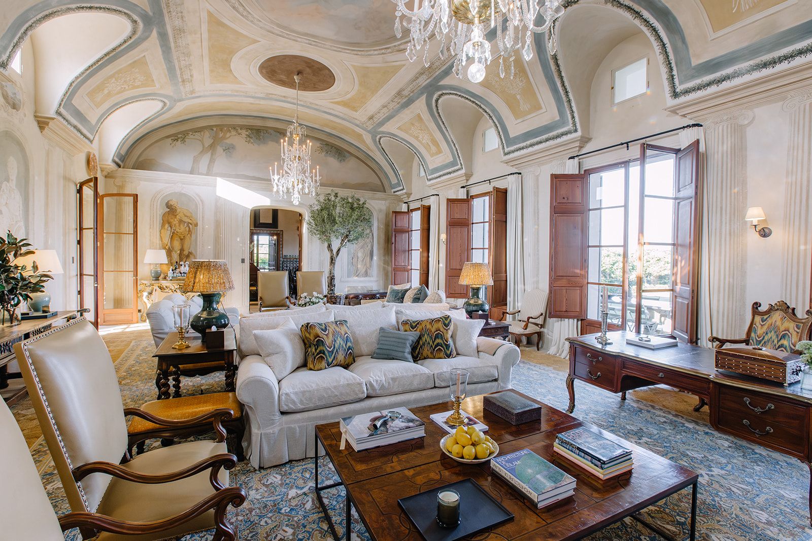 A grand sitting room in Mallorca belonging to American designer Michael S. Smith