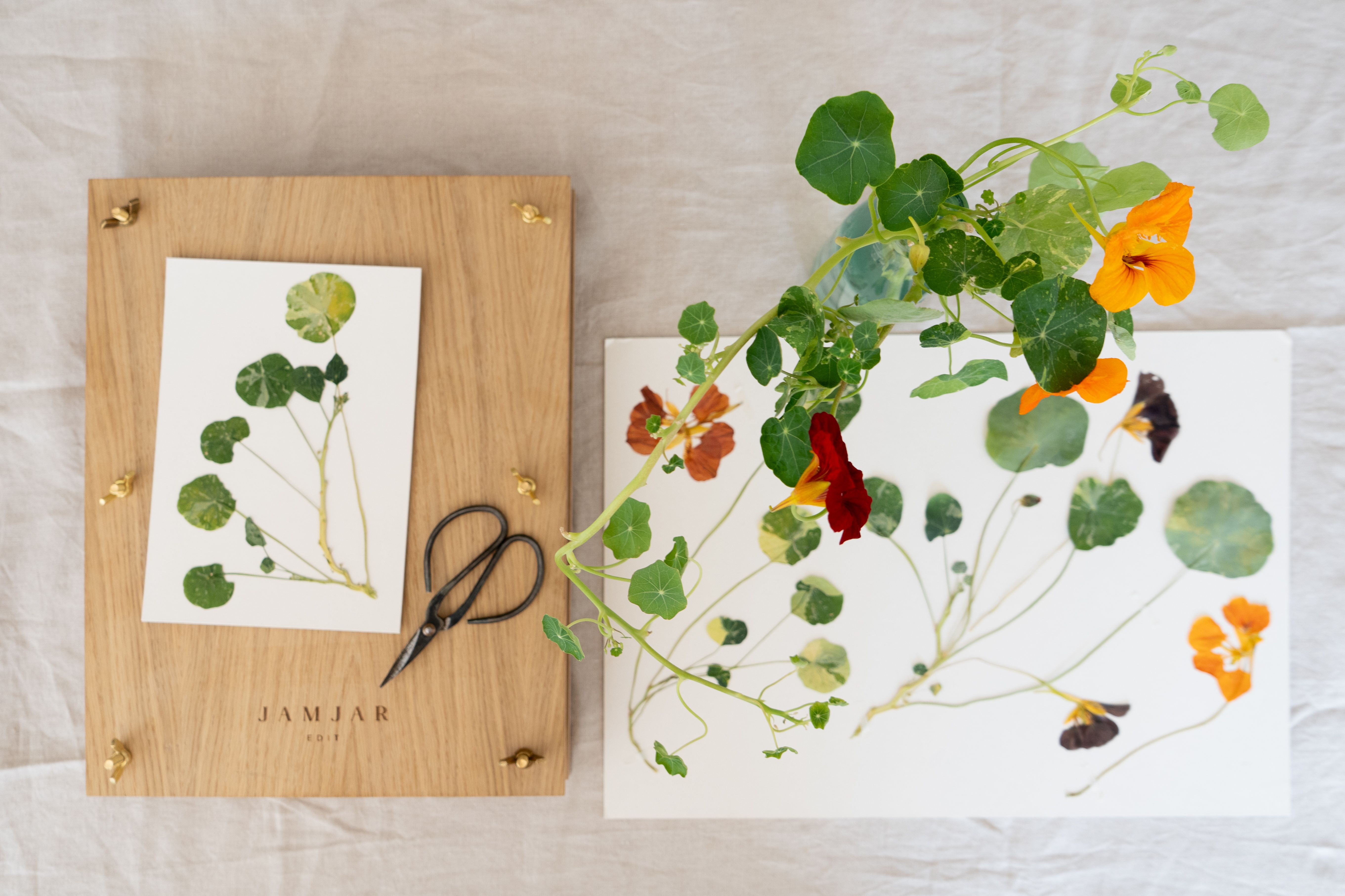 A Jam Jar Edit flower press alongside freshly cut nasturtiums 