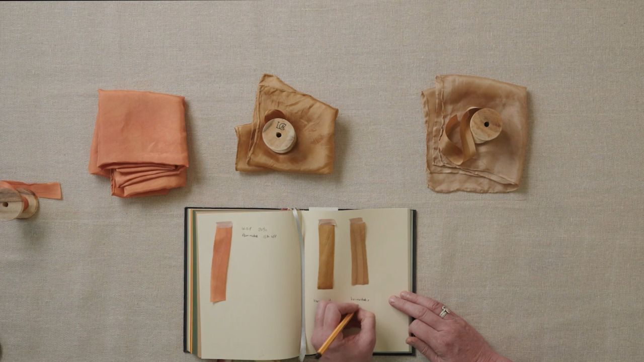 Dyeing the ribbons with madder