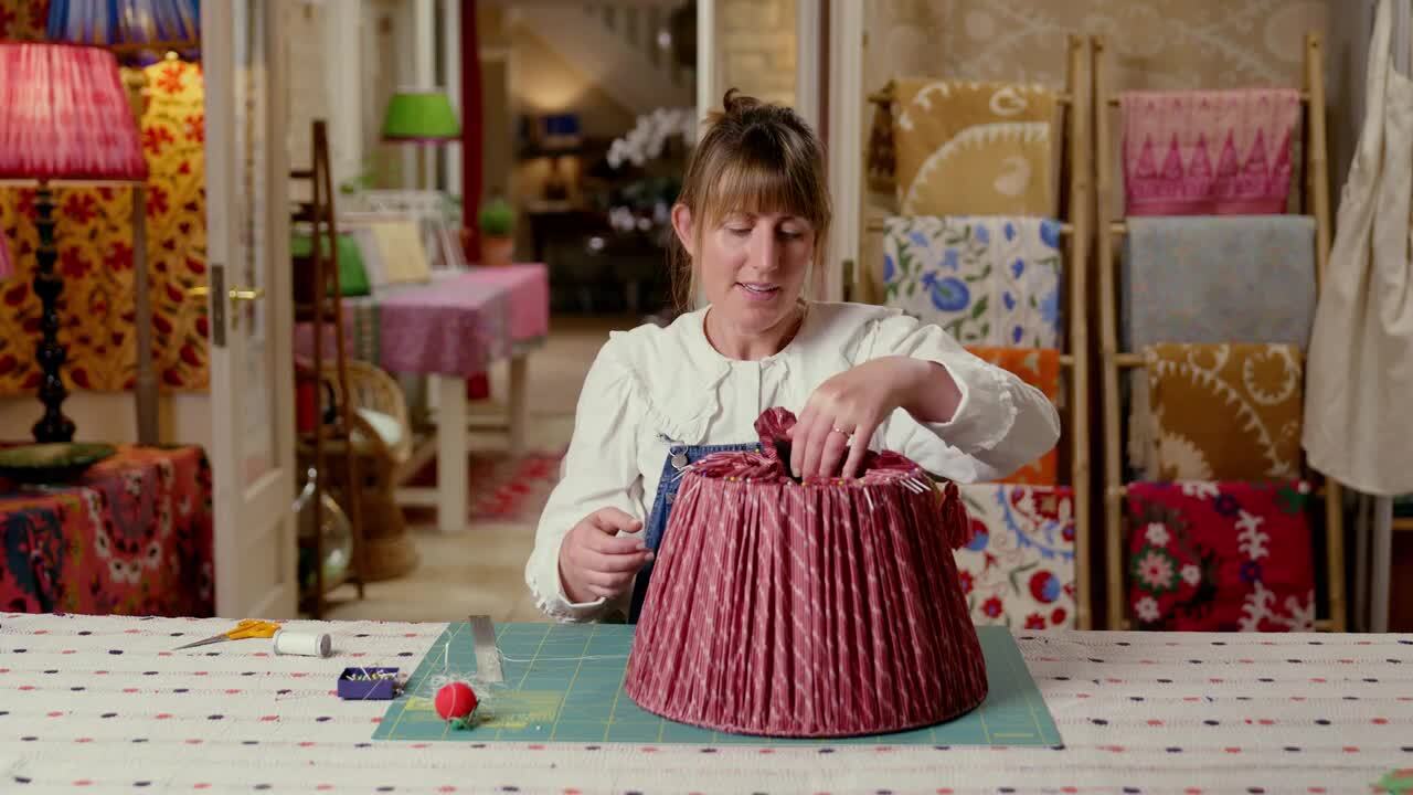 A gathered lampshade with velvet trim - Attaching the outer fabric to the frame